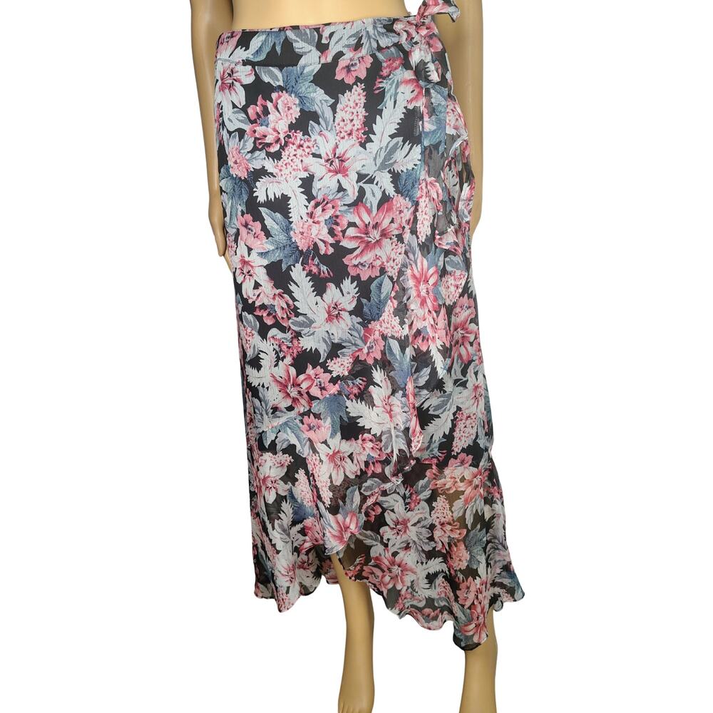 Pink Black Lilies Floral Sheer Wrap Chiffon Midi Skirt Vince Camuto Size 2 New